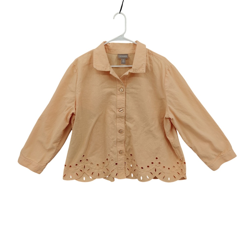 Chicos Womens Coastal Cottage Romantic Top 3 XL Peach Scalloped Cotton Blouse